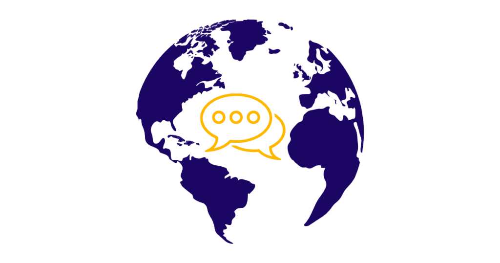 Graphic of a globe with speech bubble in the center.